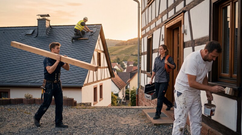 Vier Gewerke an einem süddeutschen Dorf-Abend: Zimmerer mit Holzbalken, Dachdecker am Schiefer, Elektrikerin mit Werkzeugkoffer, Maler am Fensterrahmen